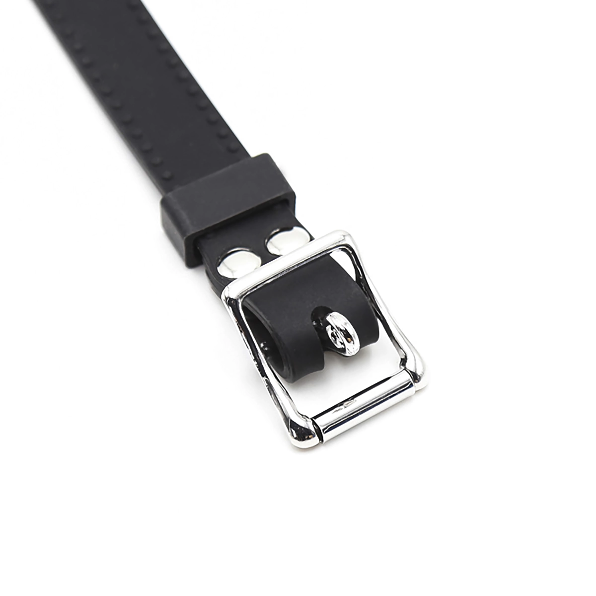Close-up of silicone O-ring gag hardware showing durable metal buckle and secure fastenings