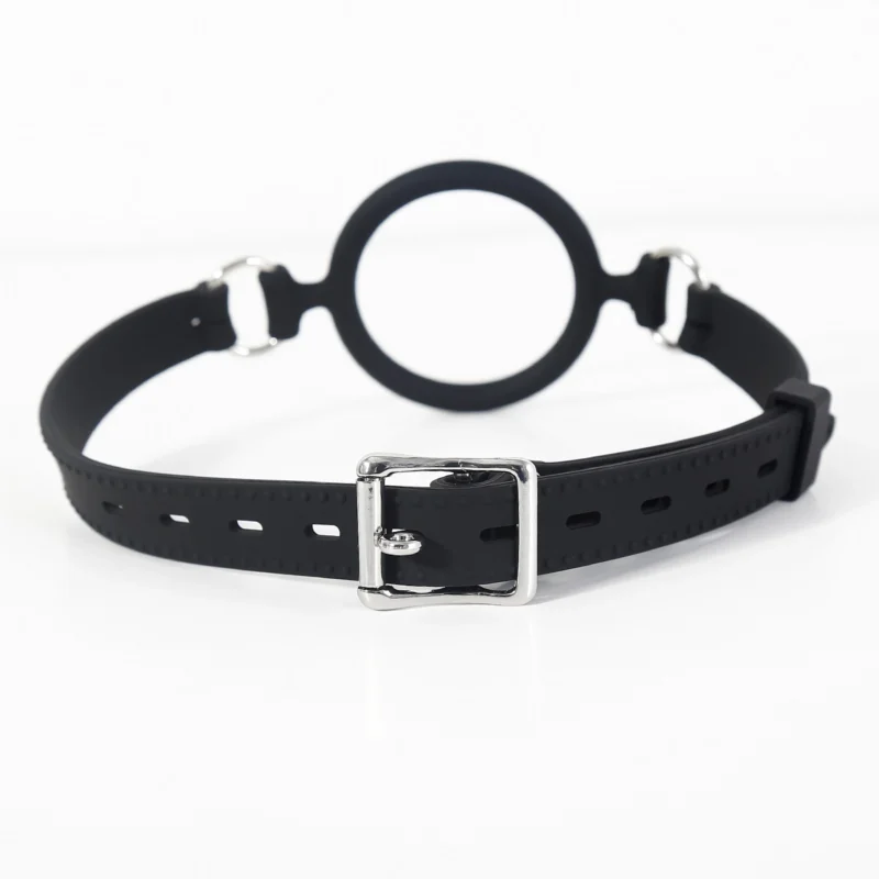 Back view of silicone O-ring gag displaying secure strap layout and adjustable buckle details