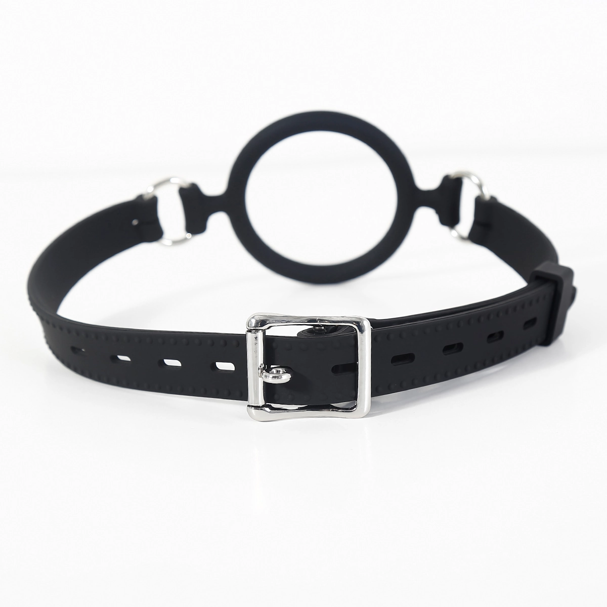Back view of silicone O-ring gag displaying secure strap layout and adjustable buckle details