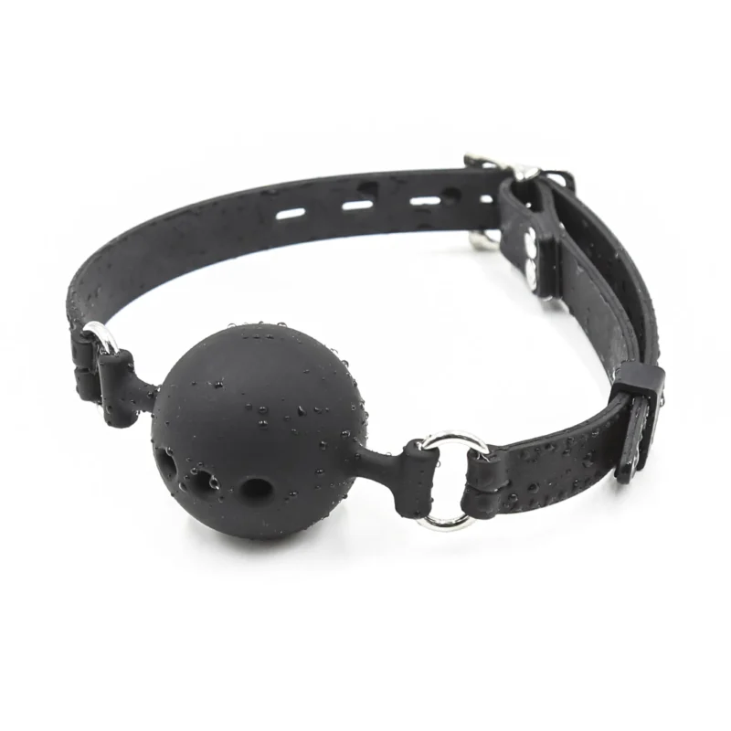 Breathable silicone ball gag right side view showing ergonomic strap and mouth ball placement