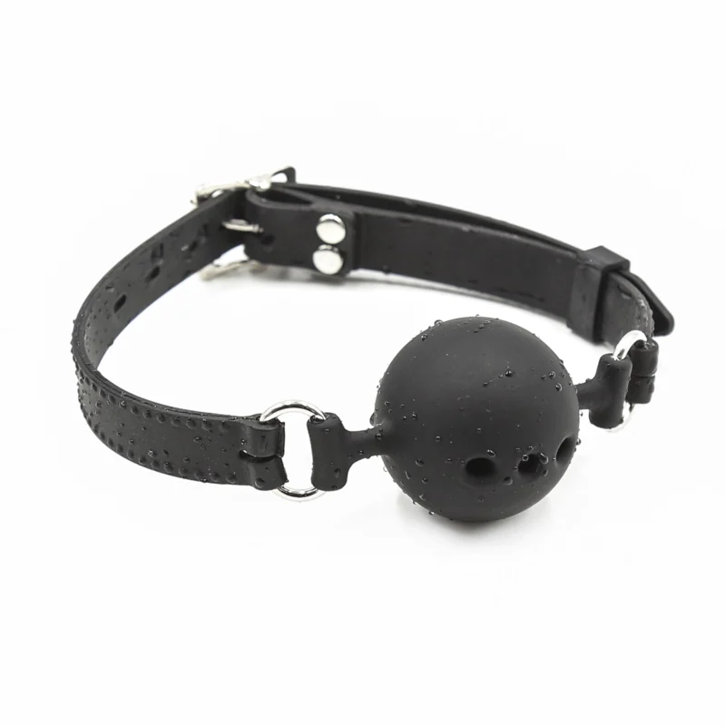 Breathable silicone ball gag left side view displaying silicone mouth ball and secure strap design