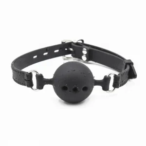 Breathable silicone ball gag front view showing soft perforated mouth ball and adjustable straps