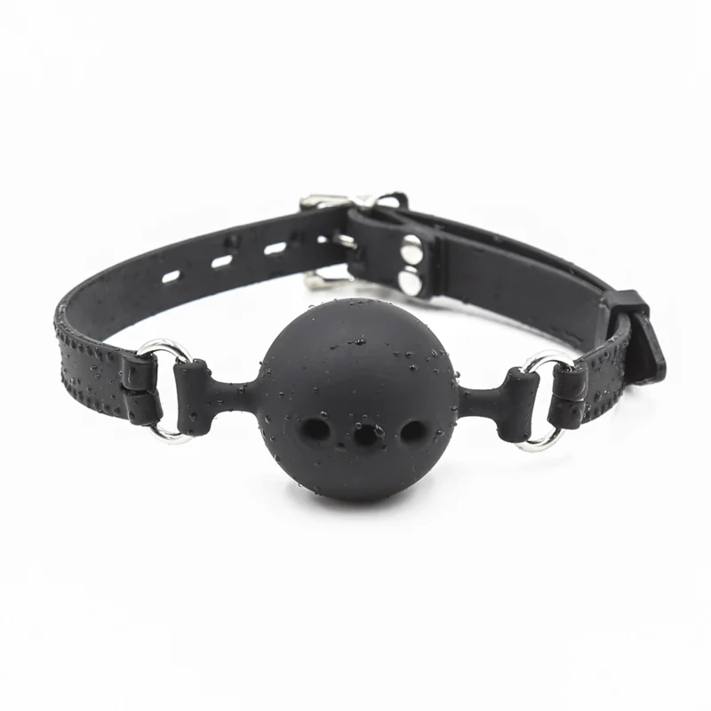 Breathable silicone ball gag front view showing soft perforated mouth ball and adjustable straps