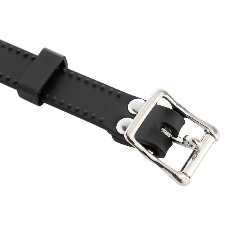 Close-up of hardware details on silicone ball gag showing metal buckles and secure fastenings for BDSM play