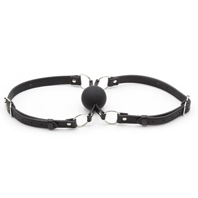 dual intimacy ball gag side view showing shared silicone ball and dual straps