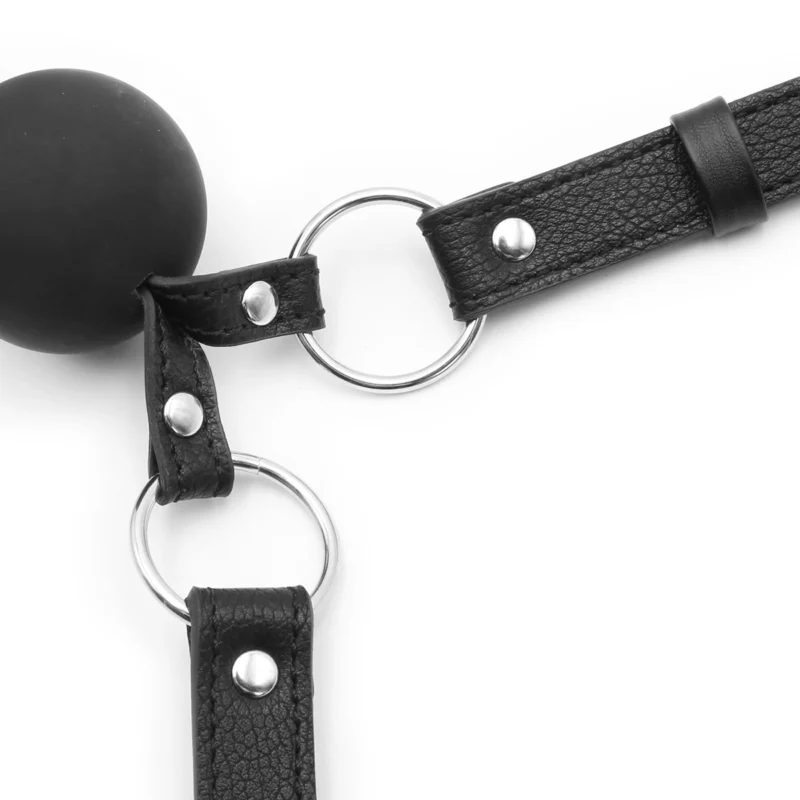 dual strap connection detail through silicone ball on couples ball gag