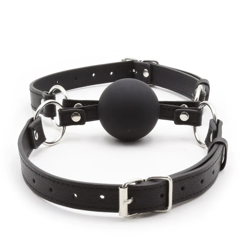 Dual Intimacy Ball Gag with two PU leather straps threaded through silicone ball, front view