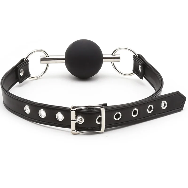 Metal-bar ball gag with adjustable PU leather strap and secure buckle, back view