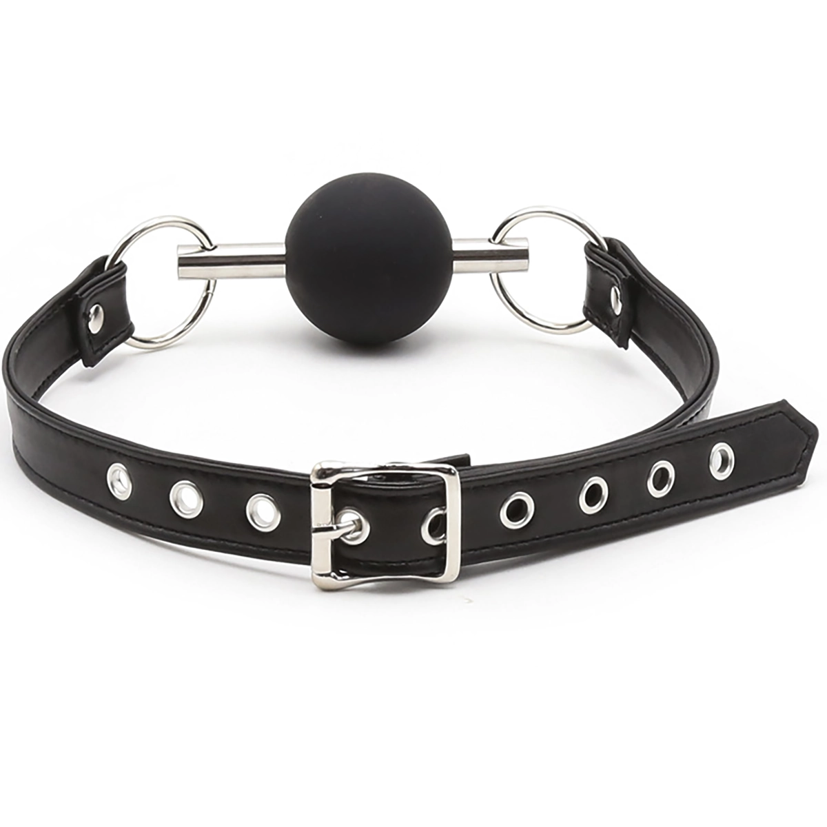 Metal-bar ball gag with adjustable PU leather strap and secure buckle, back view