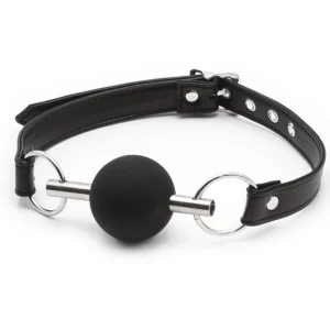 Black metal gag with a black silicone ball and a black PU leather strap