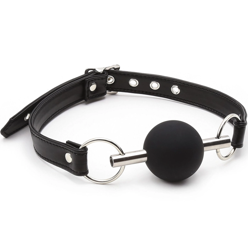Metal-bar ball gag with silicone ball and adjustable PU leather strap, front view