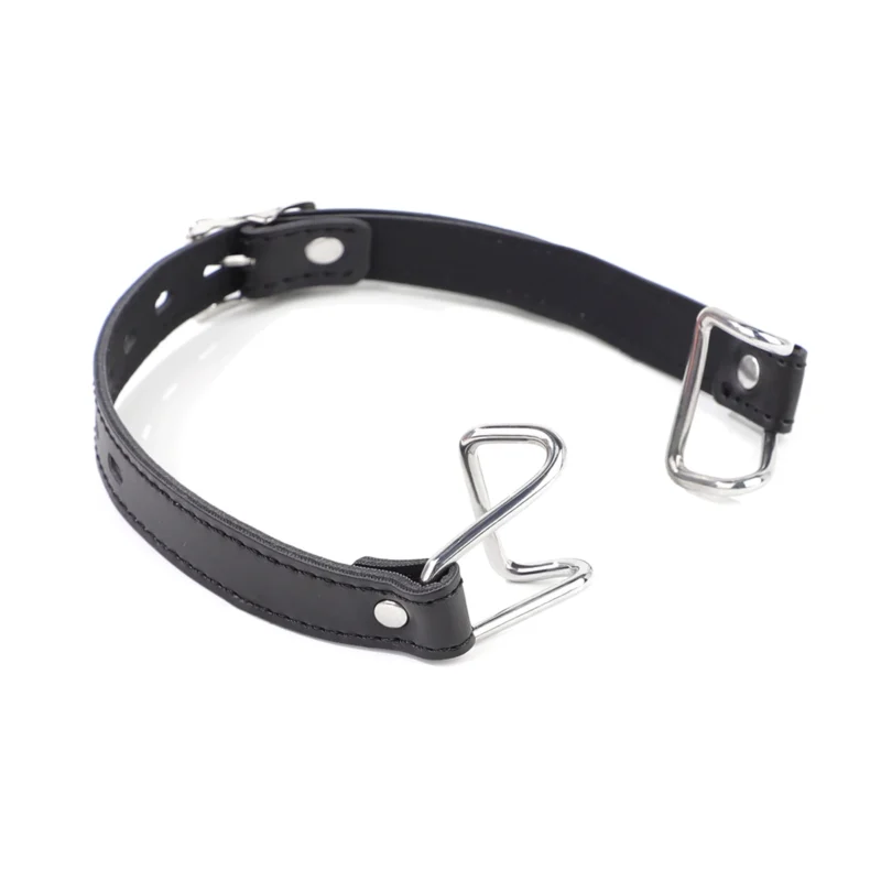 Left side view of mouth hook gag with adjustable PU leather straps and metal hooks