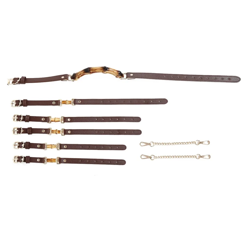 Full bamboo bondage set on flat surface including gag, collar, wrist, and ankle cuffs