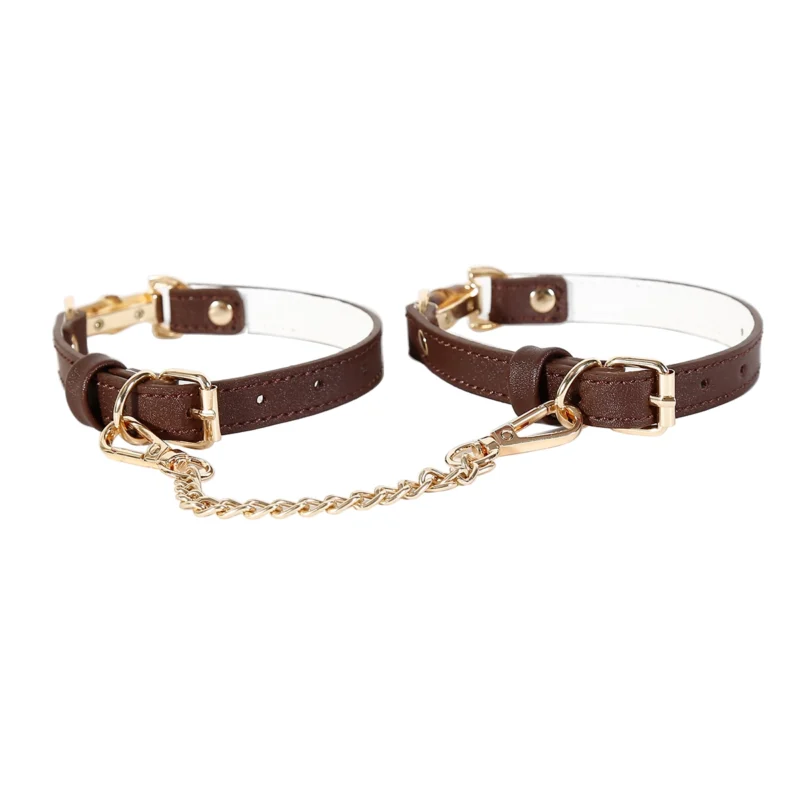 Bamboo bondage ankle cuffs with PU leather straps and chain connection, adjustable design