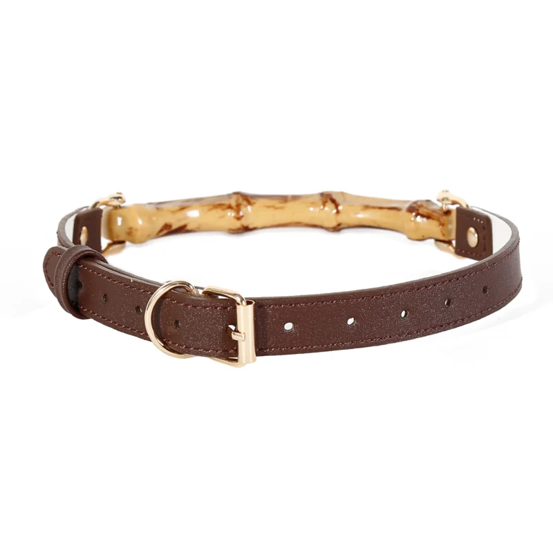 Back view of bamboo mouth gag showing PU leather strap connection and buckle