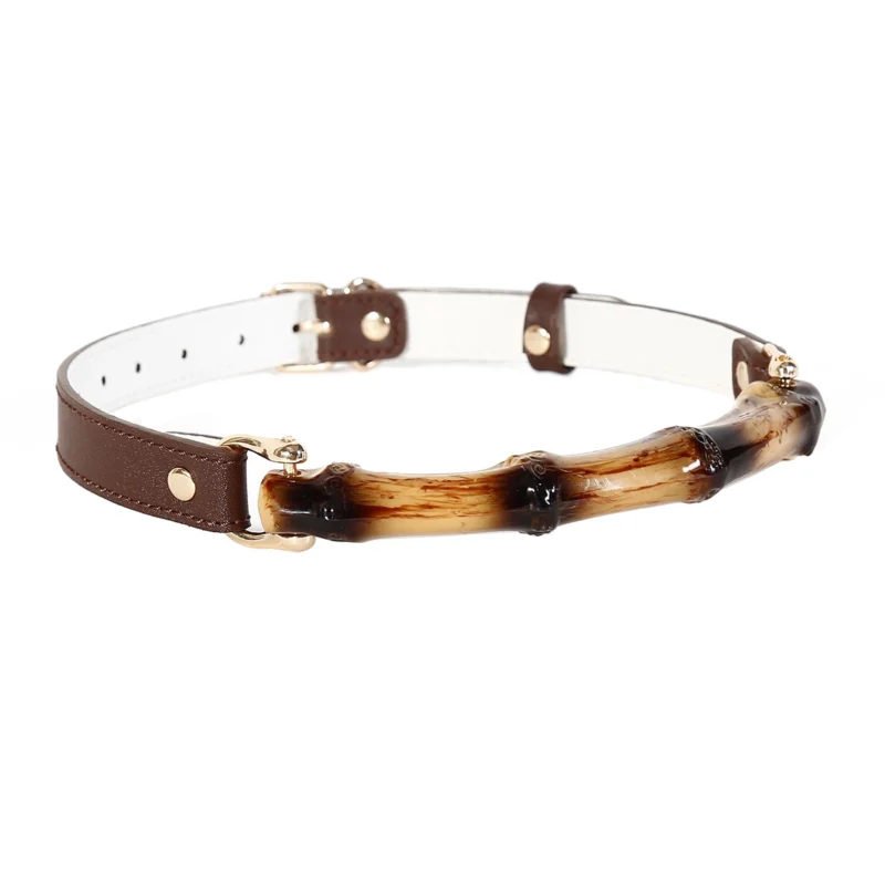 A front view of the bamboo mouth gag, showing the PU leather straps and the bamboo mouth gag.