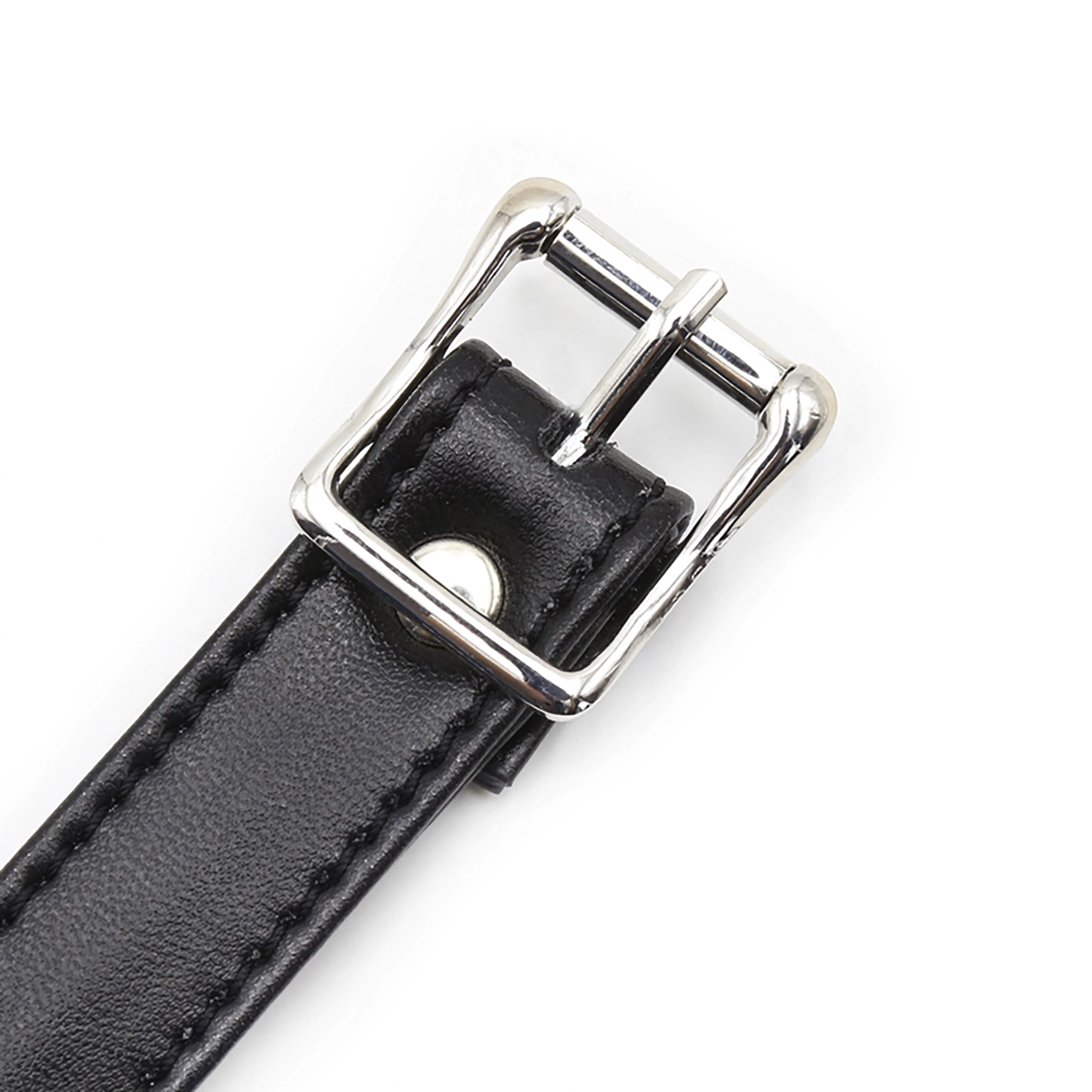PU leather strap and metal hardware detail of ball gag