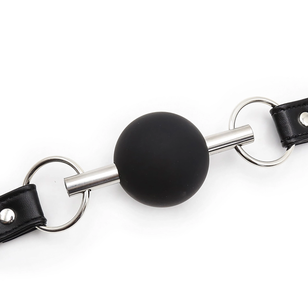 Detailed images of the black metal mouth gag, silicone ball gag, and metal rod.