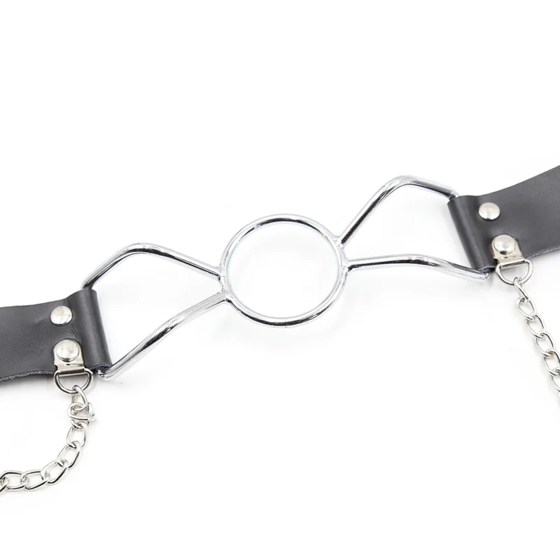 metal o-ring mouth gag detail with nipple clamp chain connection and hardware