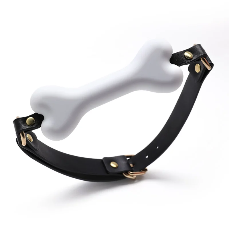 Bone Shaped Mouth Gag showing silicone gag connected with PU leather strap