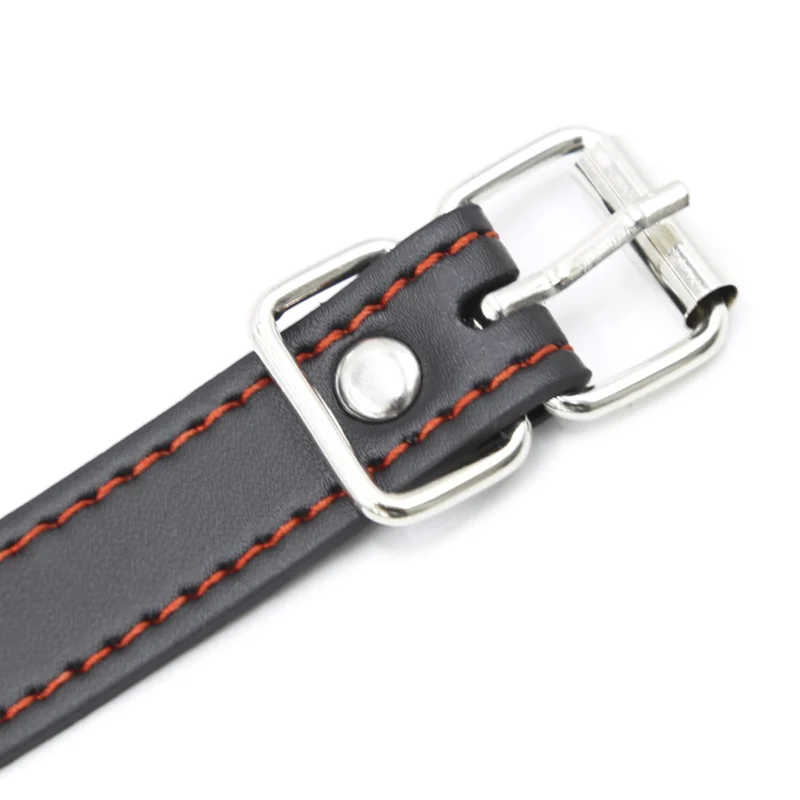 Close-up of metal hardware on bone type mouth gag showing buckle detail