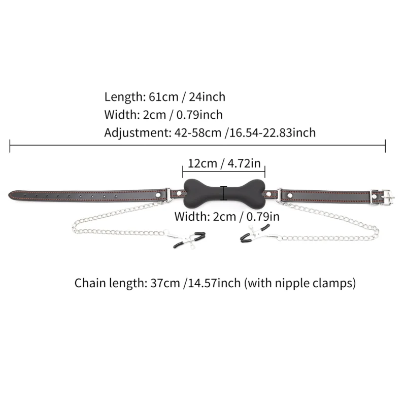 Dimensions of bone type mouth gag with attached nipple clamps