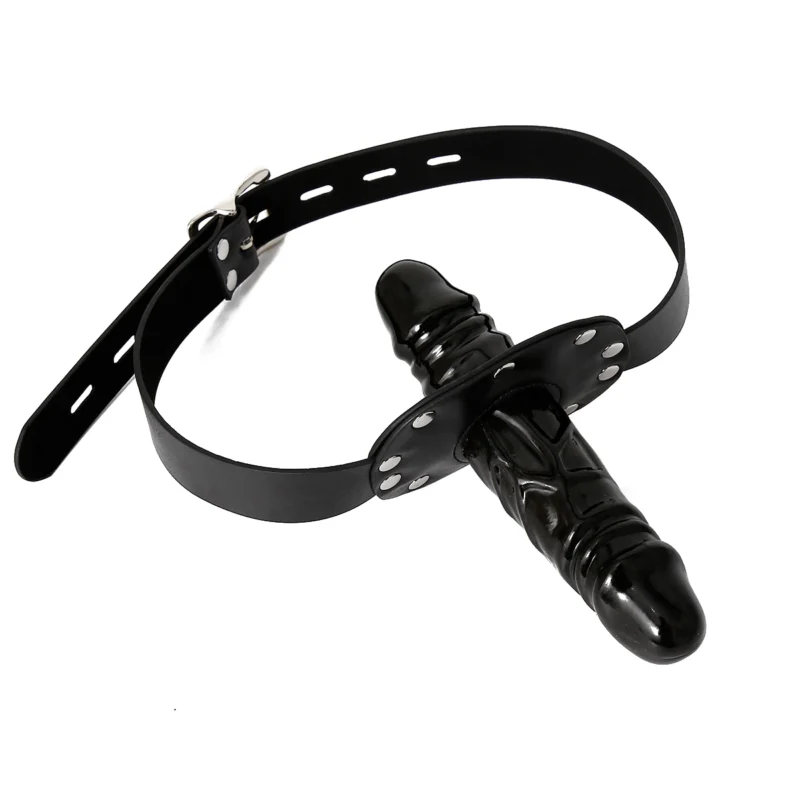 Front view of double penis mouth gag showing both shafts and PU leather straps