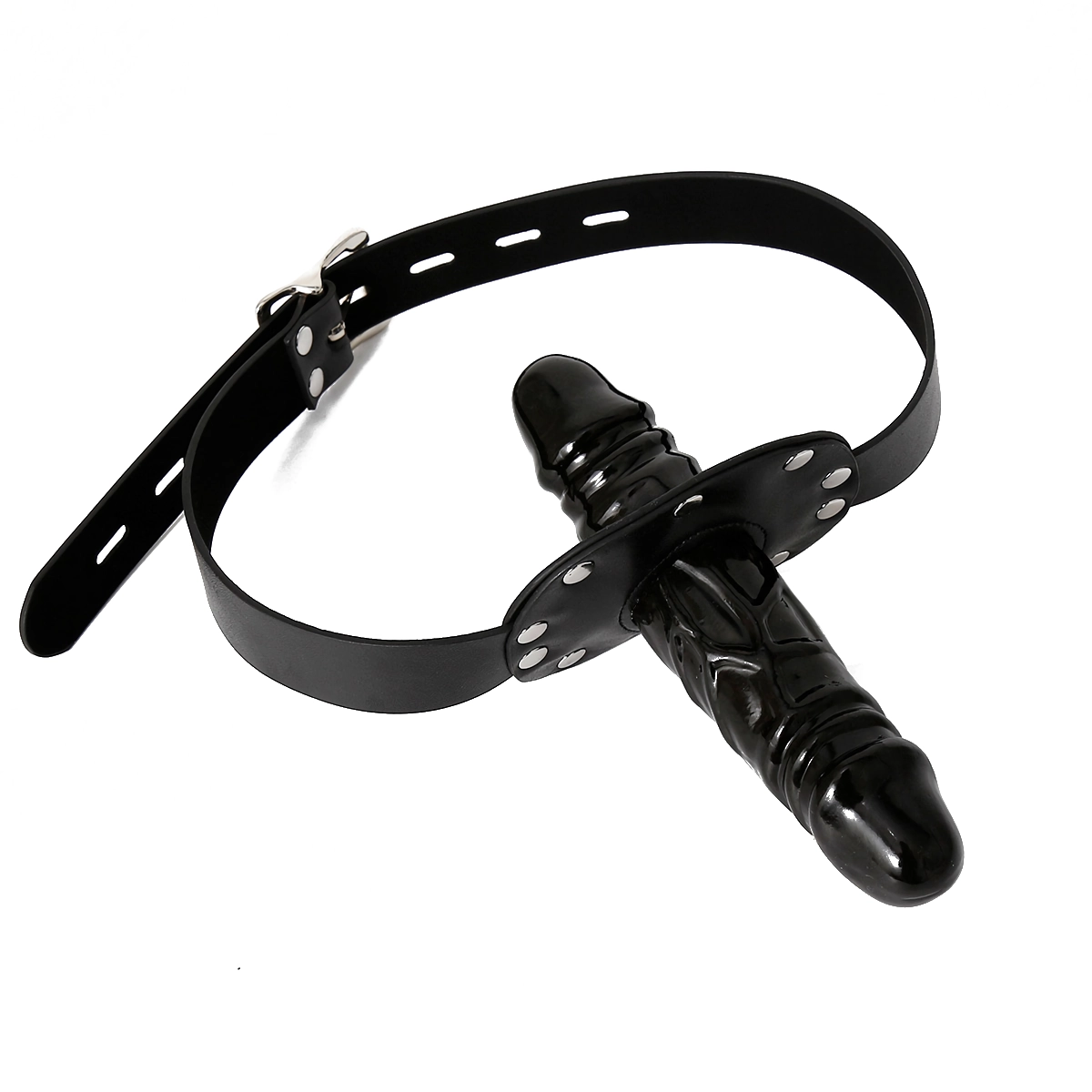 Front view of double penis mouth gag showing both shafts and PU leather straps