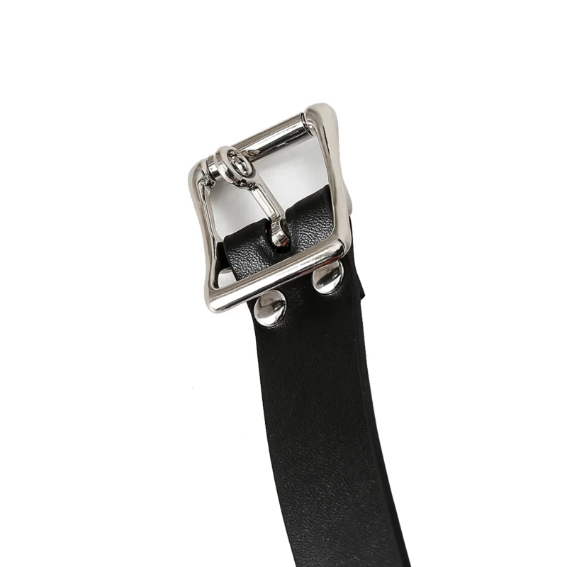 Detail view of metal buckle closure on double penis mouth gag