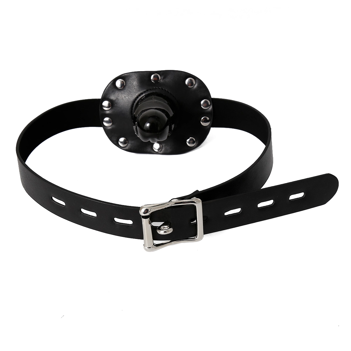 Rear view of double penis mouth gag showing strap layout and buckle positioning