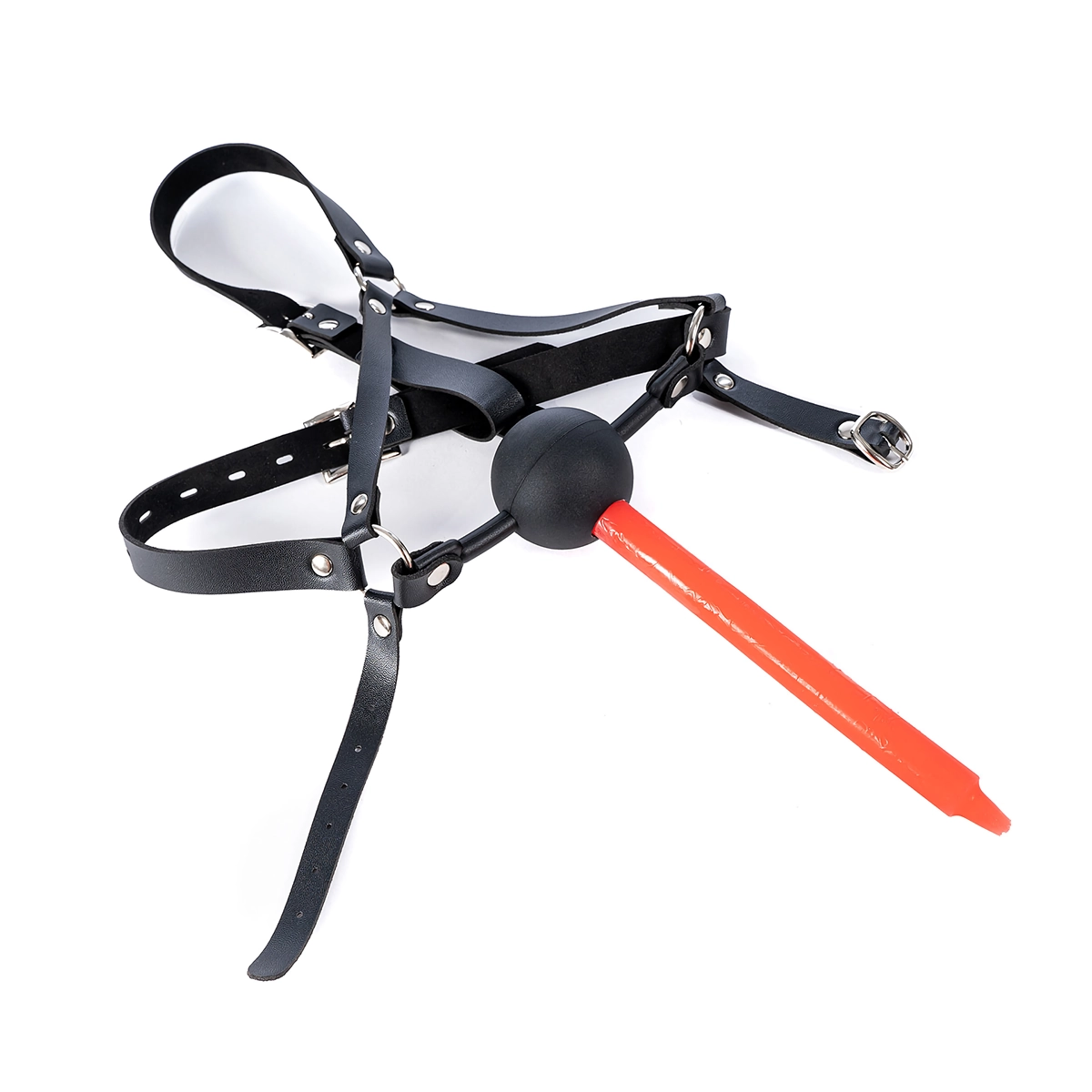 Full head bondage gag with center hole shown with low-temperature candle inserted