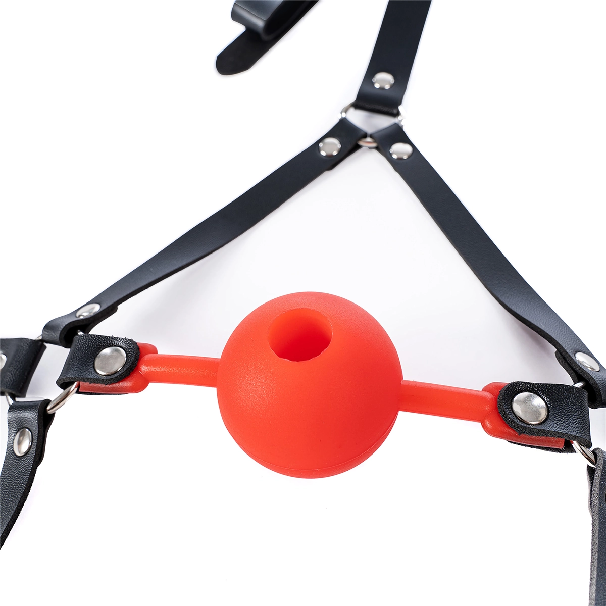 Close-up detail of silicone ball gag showing 1.6 cm center opening