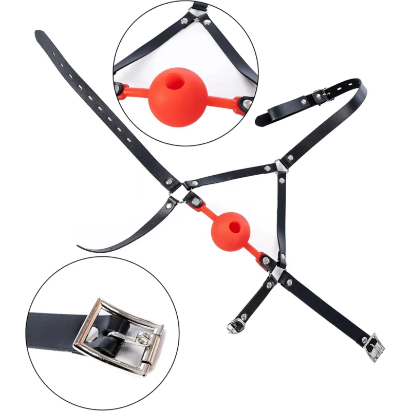 Full head bondage gag laid flat showing silicone ball, PU leather straps, and metal hardware