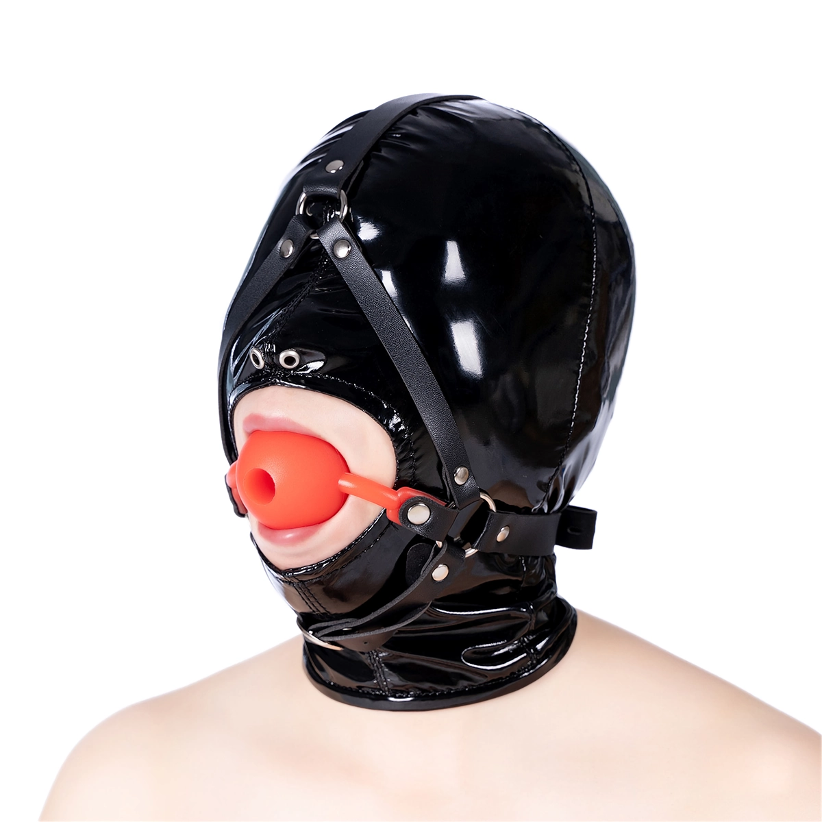 Model wearing full head bondage gag without insert showing fit and airflow opening