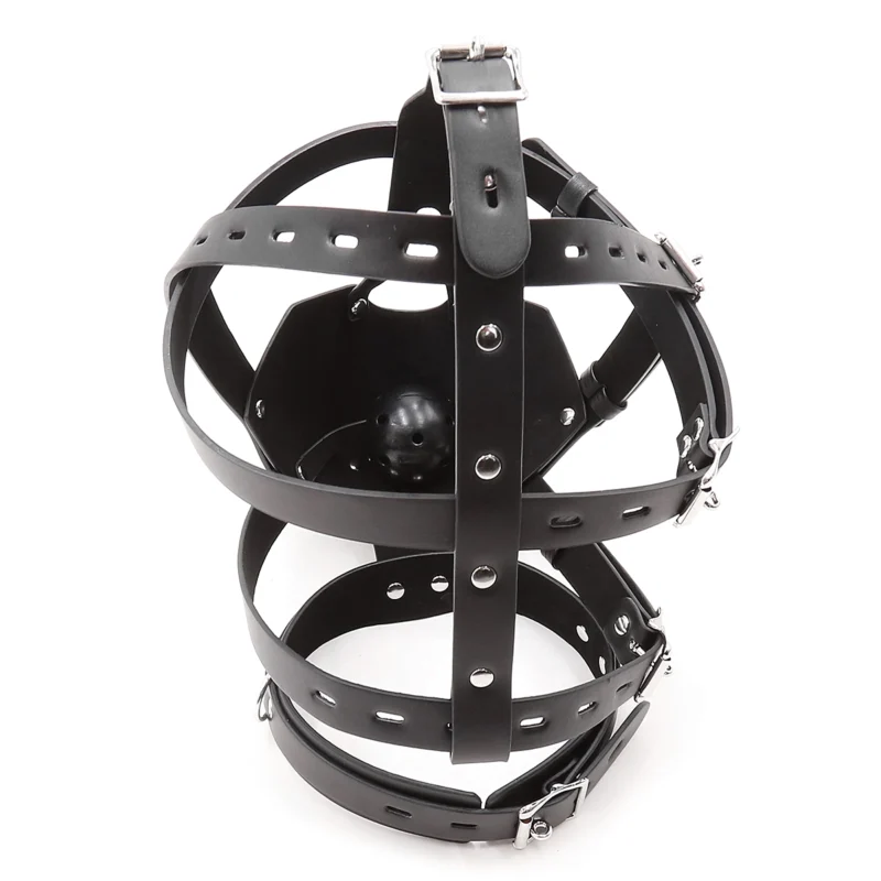 Rear view of leather slave mask showing cross straps and breathable PVC ball gag