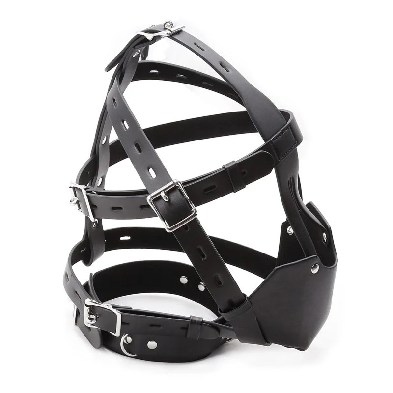 Side view of leather slave mask highlighting adjustable cross strap design