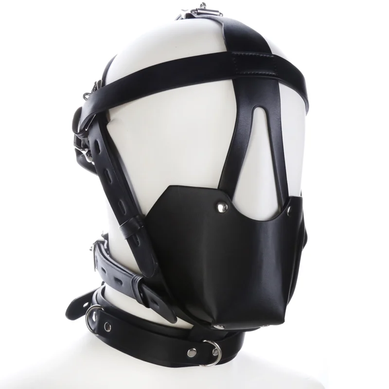 Model wearing leather slave mask side view