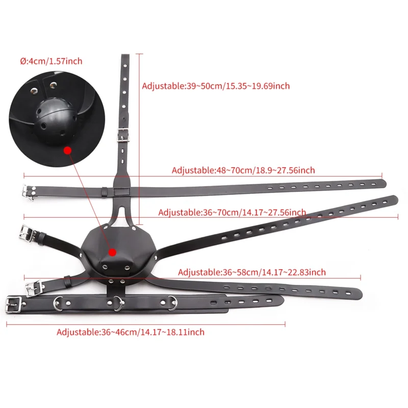 Size details of leather slave mask with 4cm PVC ball gag