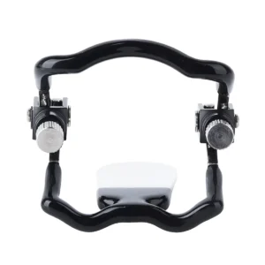 Front view of metal open mouth gag showing open position and rotating adjustment knob