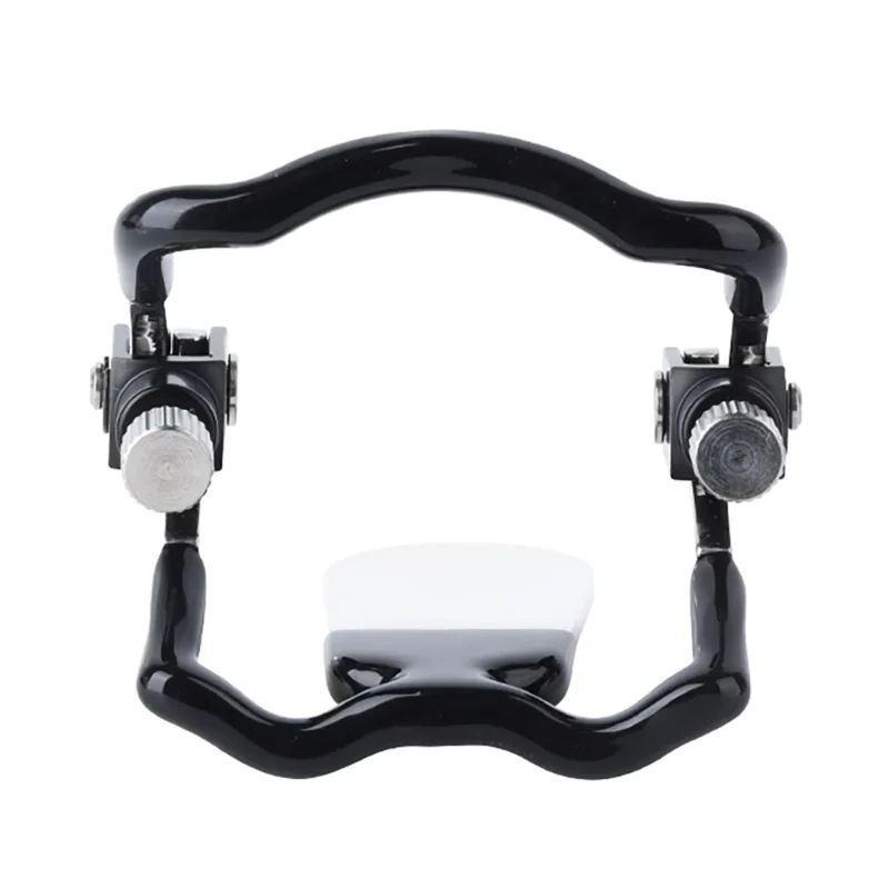 Front view of metal open mouth gag showing open position and rotating adjustment knob