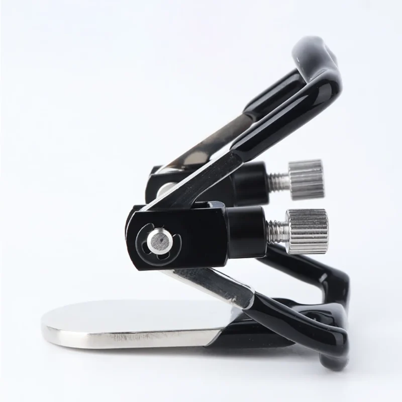 Side view of metal open mouth gag showing rotating adjustment rod and ergonomic design structure