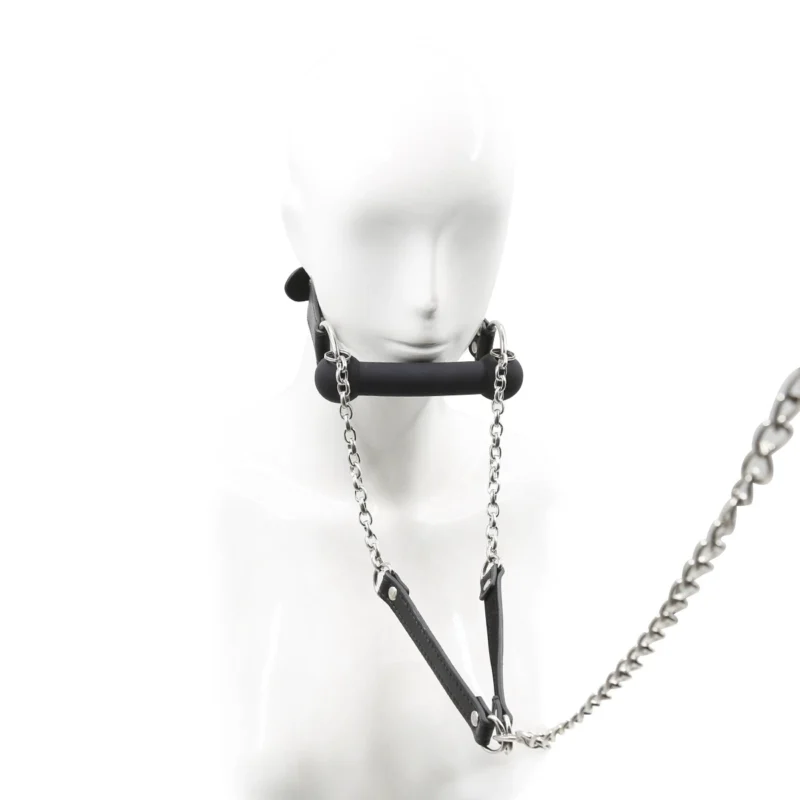 Model wearing bit Gag With Leash demonstrating correct fit and restraint position