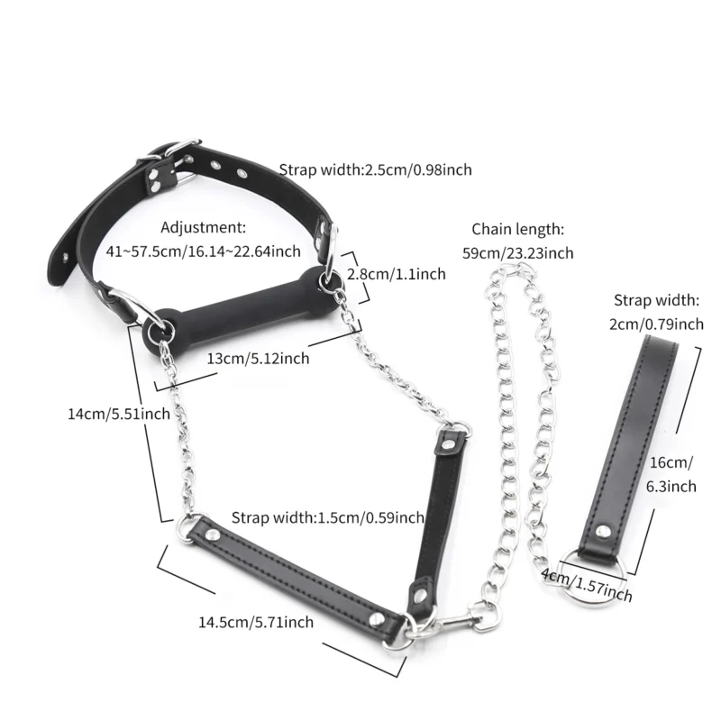 bit Gag With Leash showing total length and adjustable strap dimensions