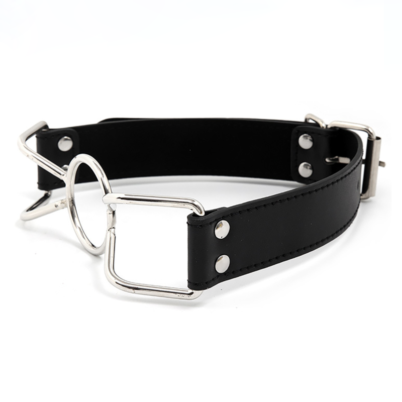 Side view of O-ring open mouth gag showing metal ring and PU leather strap