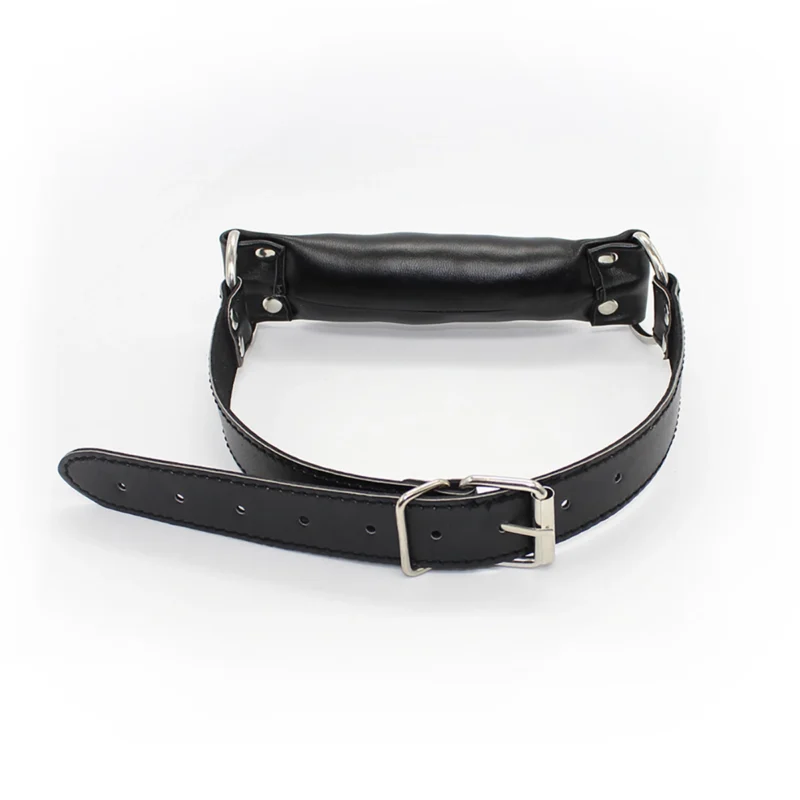 Back view of padded leather cylinder mouth gag showing straps and overall shape