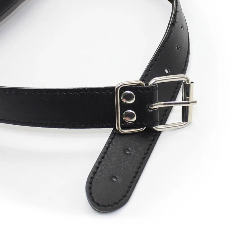 Detail of PU leather straps and metal buckle hardware