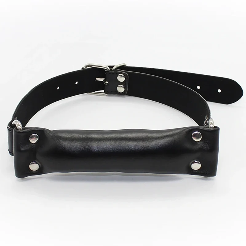 Front view of black padded leather cylinder mouth gag