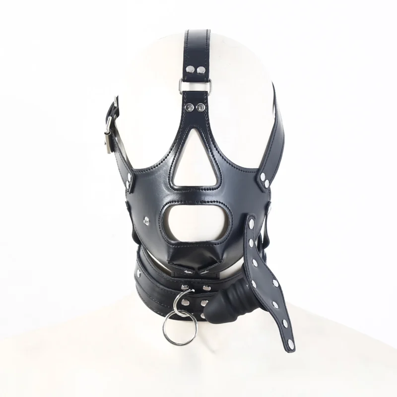 Front view of penis gag bondage hood with fixed silicone gag