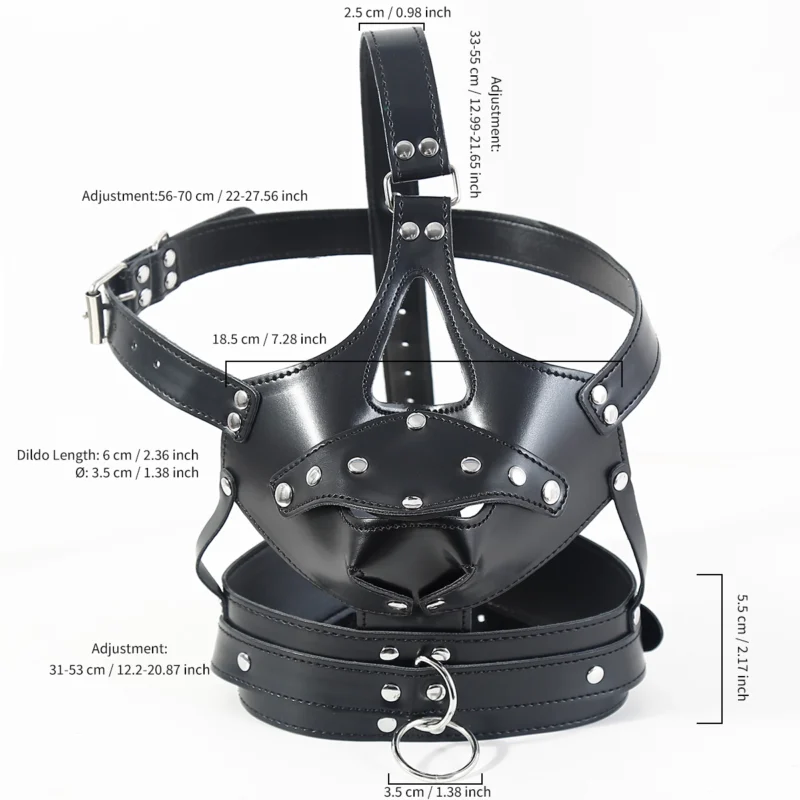 Size diagram of penis gag bondage hood with measurement markings