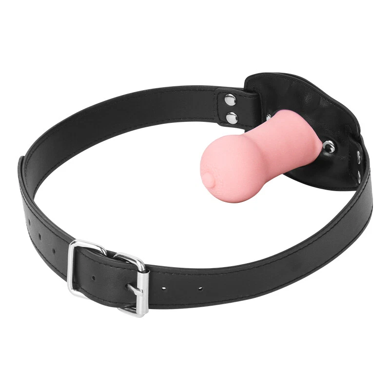 nipple-style mouth gag showing PU leather straps, metal hardware, and circular gag structure